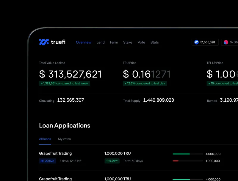 TrueFi Dark Mode Dashboard – Loan Overview
