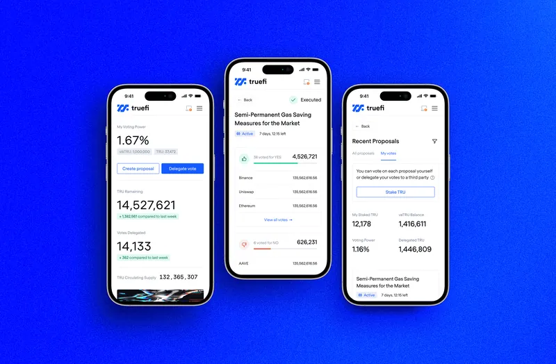 rueFi Mobile Wallet Screens – Blue Background