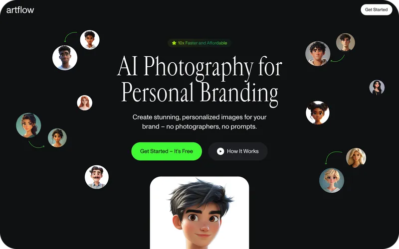 Artflow hero: the headline, a green primary button, a grey How it works button and floating avatars