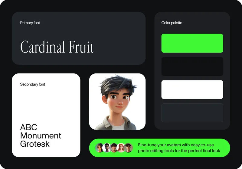 Artflow style sheet: Cardinal Fruit and ABC Monument Grotesk, with a palette of green, black, white and dark grey