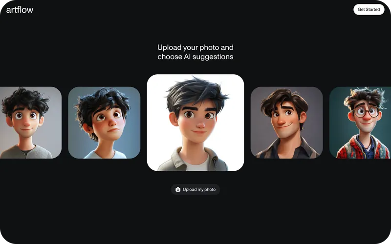 One face shown in five AI-generated styles above an Upload my photo button