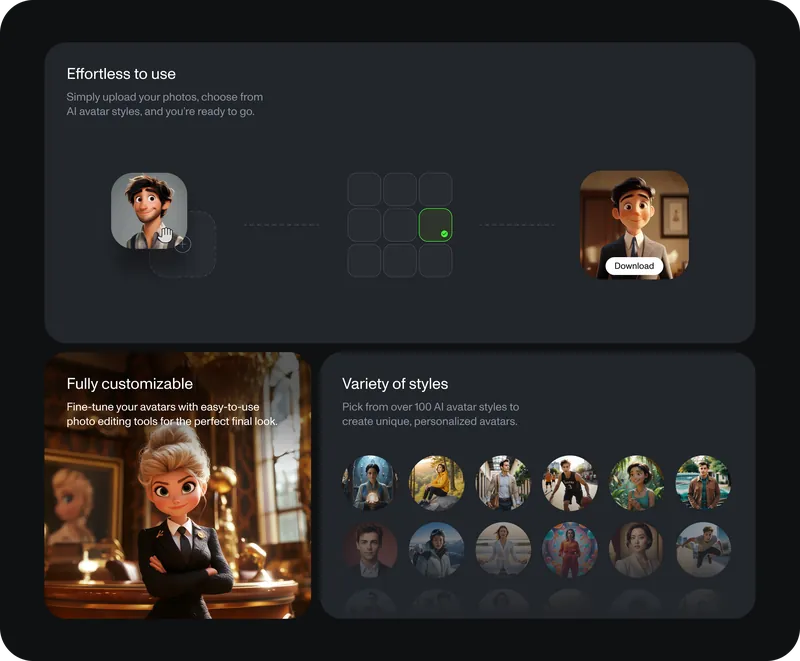 Effortless to use section: an uploaded photo, a grid of style choices and a finished avatar with a download button