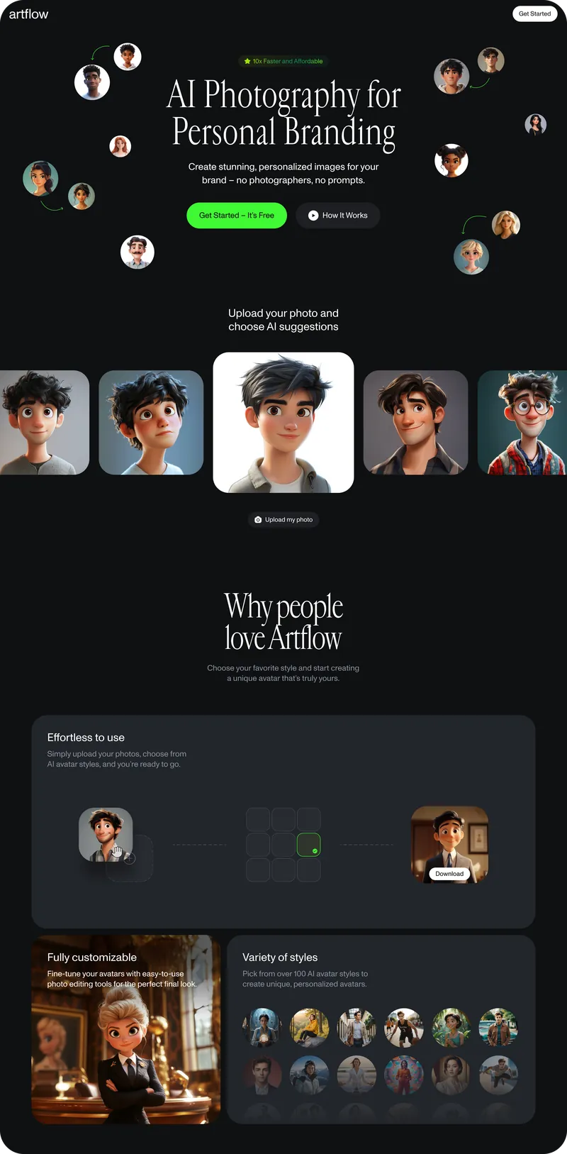 The full Artflow landing page concept, from the hero to the style gallery