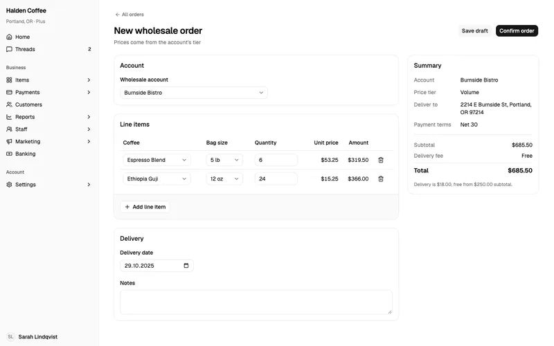 New order form in the shadcn/ui build
