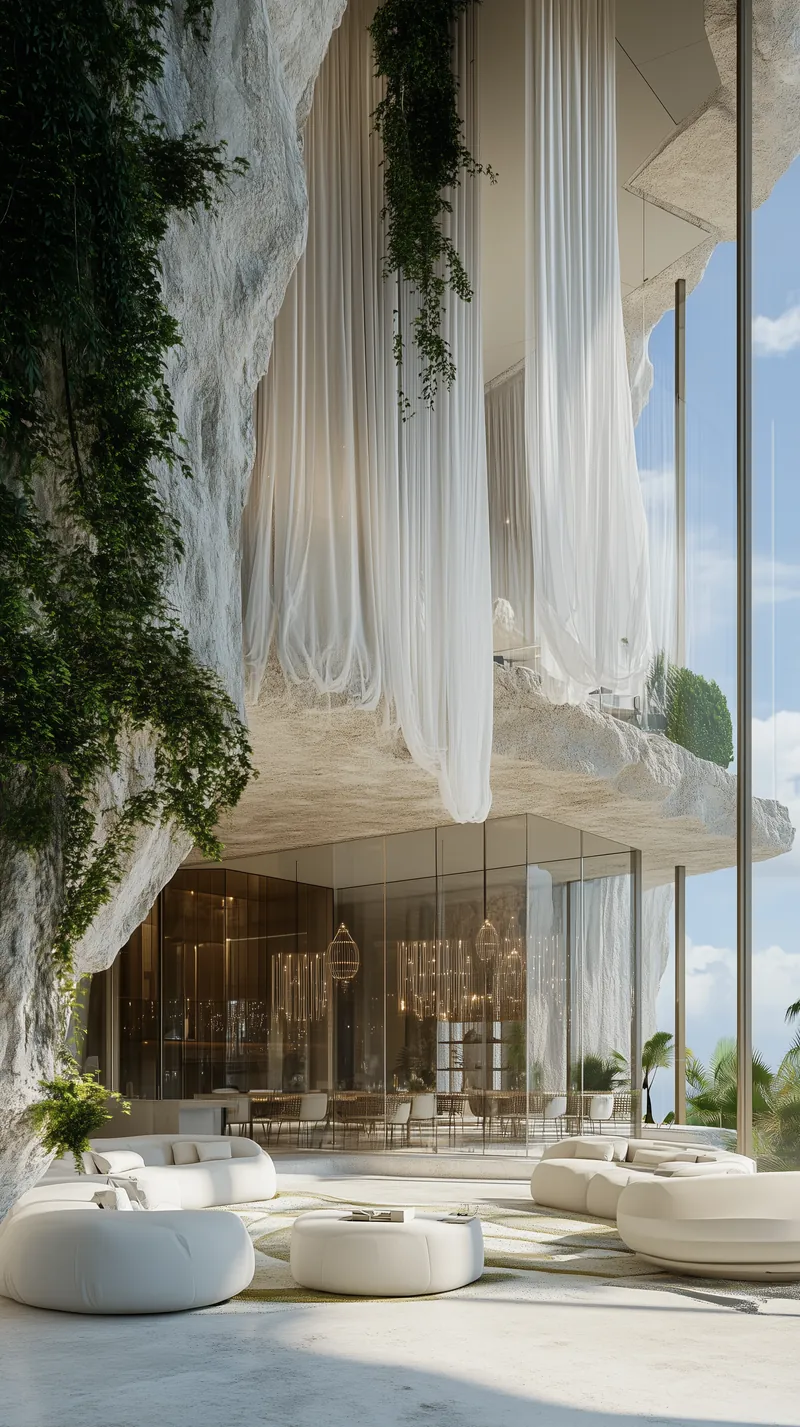 Living room under a white rock overhang, with glass walls, drapes and white sofas
