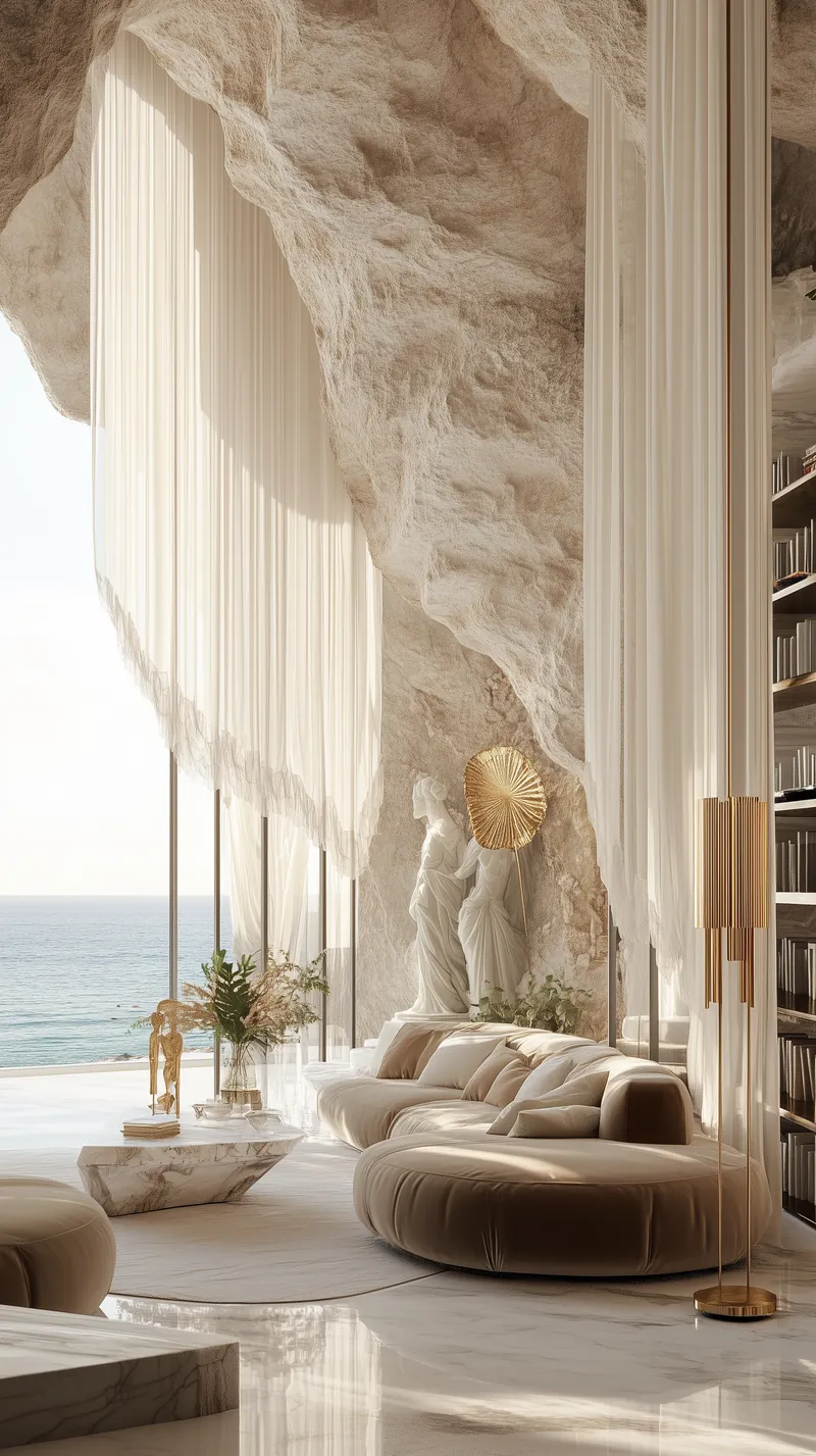 Living room with a curved velvet sofa, a marble coffee table and statues against the cliff