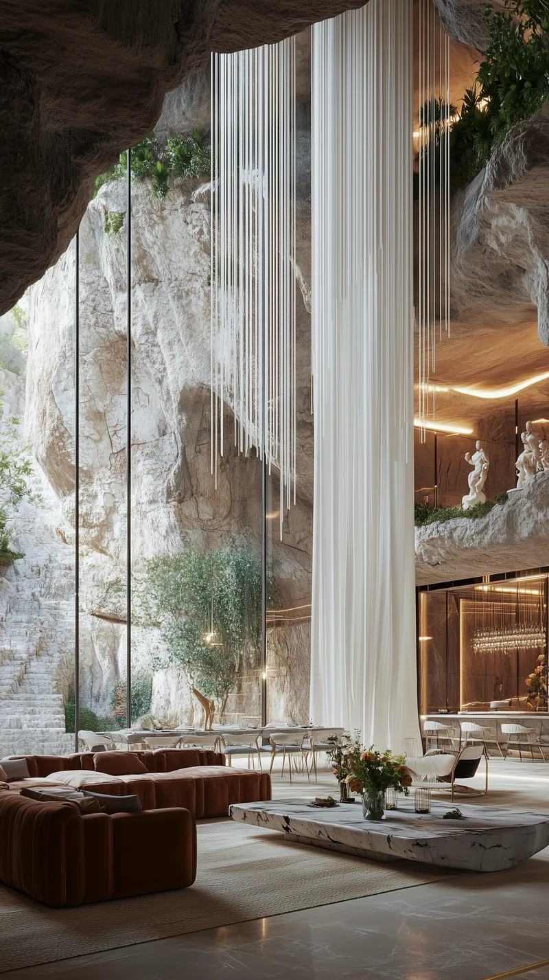 Living room with brown velvet sofas, a long marble table and statues set into the rock