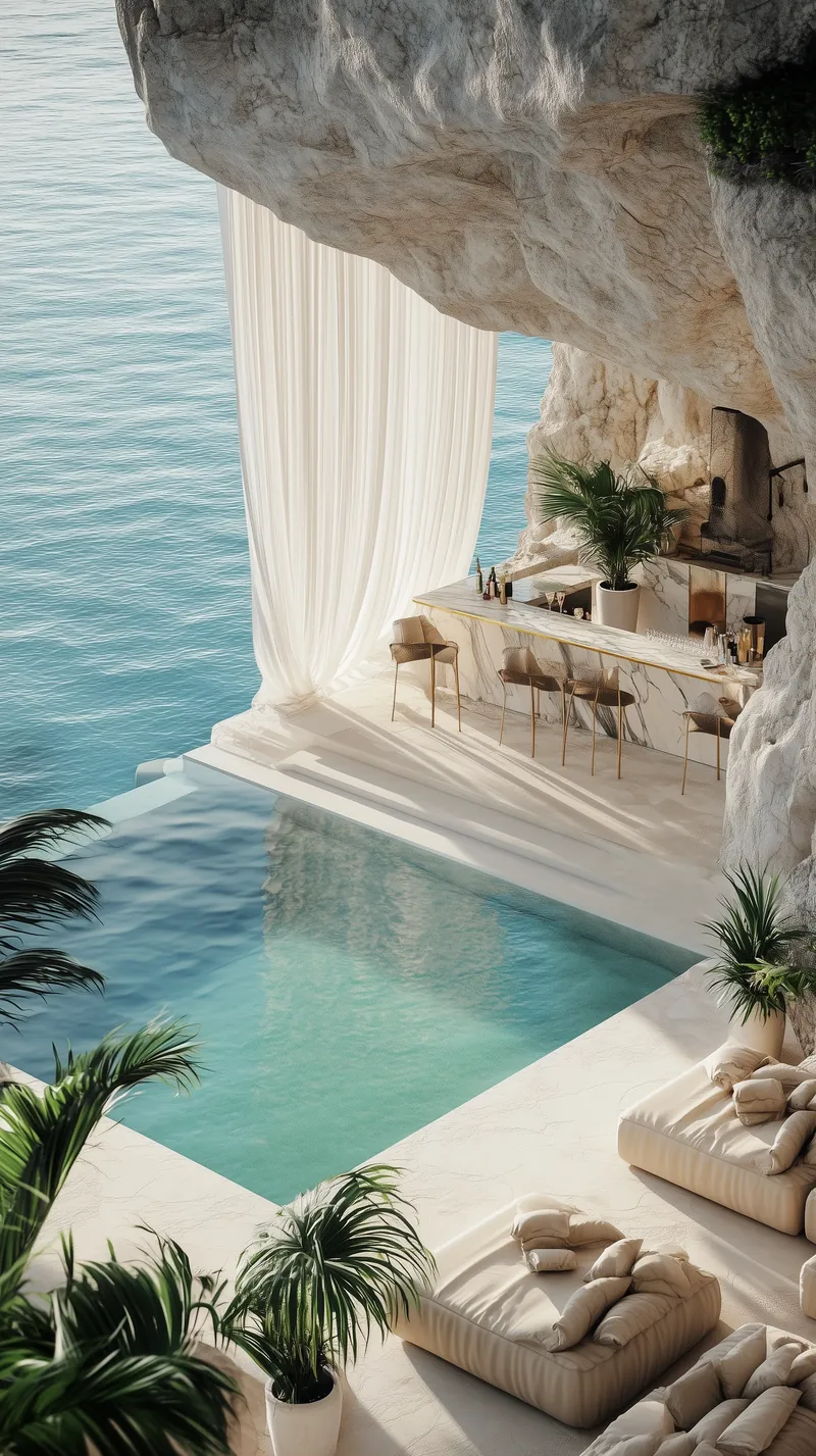 Infinity pool at the edge of a white rock cliff, with a bar and beige loungers