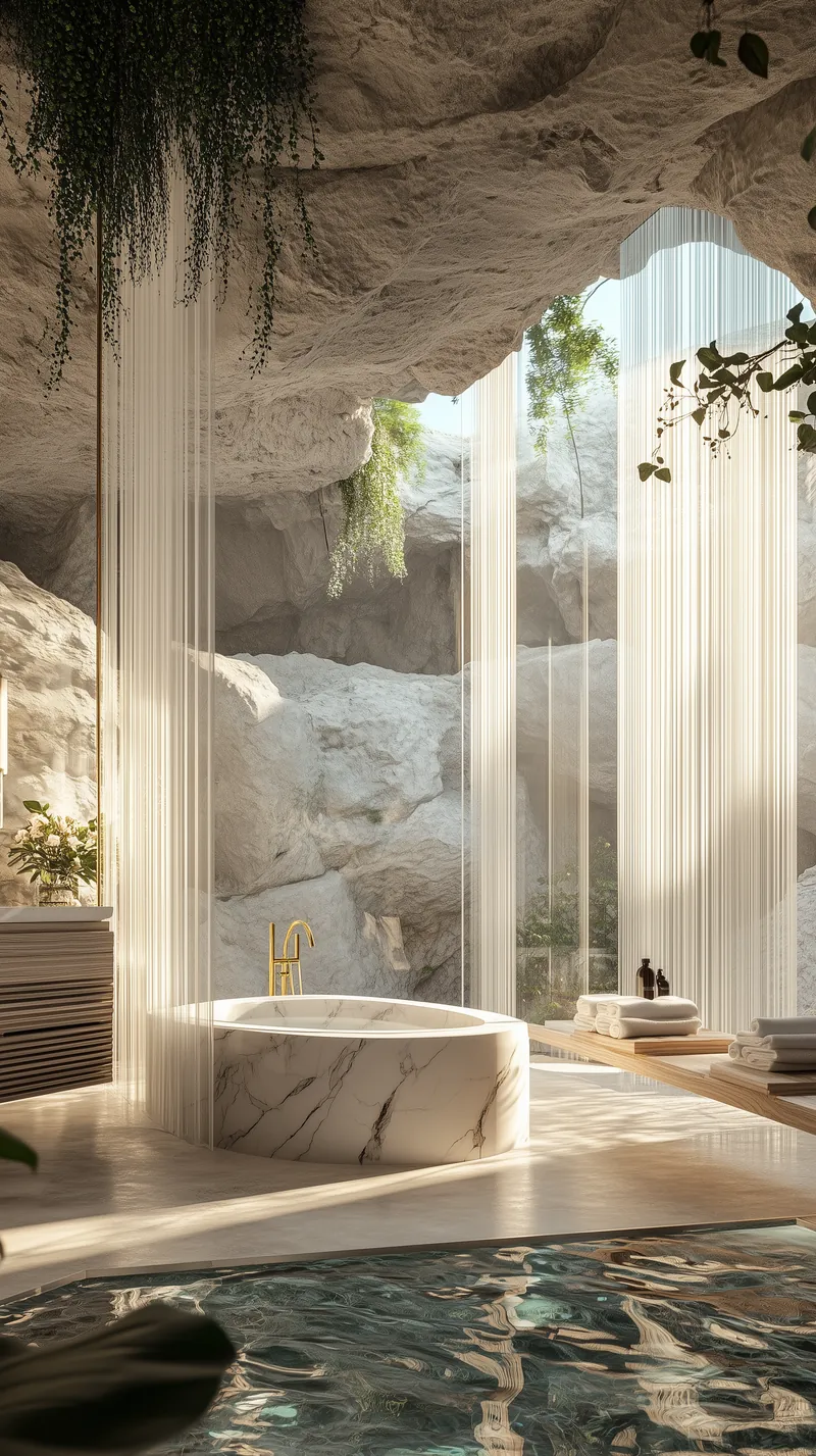 Freestanding marble bathtub under a white rock overhang, with white drapes