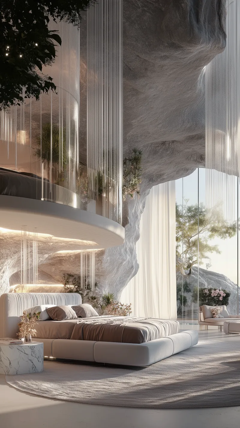 Bedroom carved into white rock, with a low bed, a ring chandelier and a glass wall