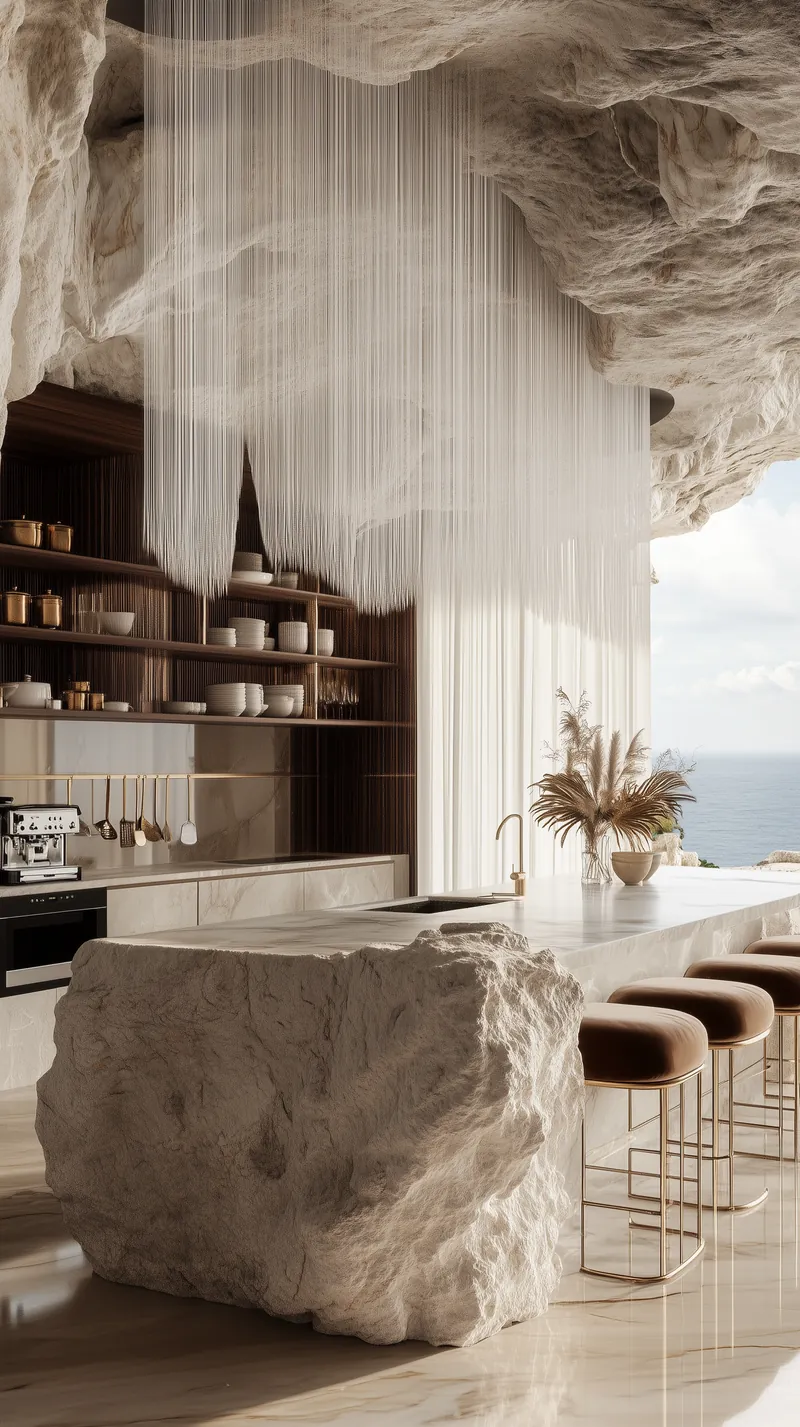 Kitchen with a rough stone island, velvet bar stools and open shelves