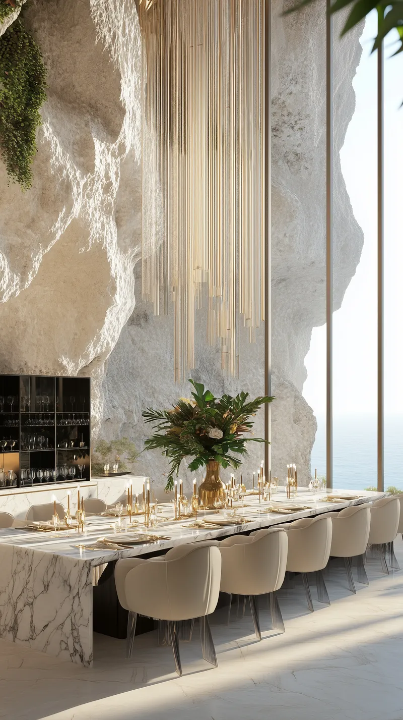 Dining room with a long marble table, white chairs and golden candlesticks