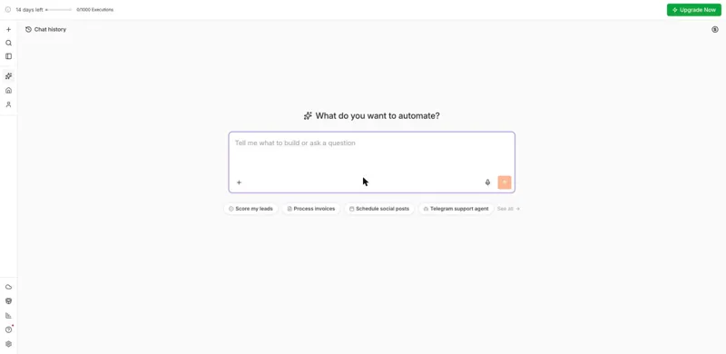 n8n Cloud first screen: What do you want to automate? with a prompt field, four suggestions, and a trial bar showing 14 days left and 0 of 1000 executions