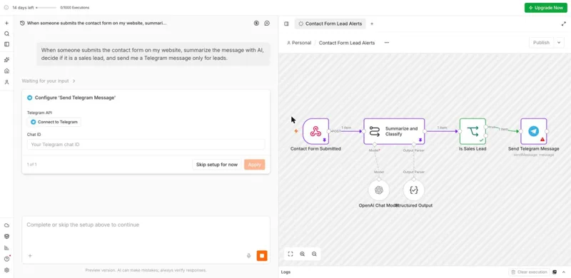 n8n assistant next to the workflow it built: Contact Form Submitted, Summarize and Classify with a model and structured output, Is Sales Lead, Send Telegram Message, and a panel asking to connect Telegram and enter a chat ID