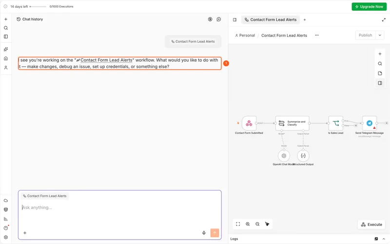 n8n assistant reopened next to the Contact Form Lead Alerts draft: a new chat asks what to do with the workflow, Publish is disabled, and the Telegram step carries a red warning