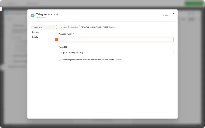 n8n Telegram credential dialog: an empty Access Token field marked as the finding, Ask n8n Assistant for setup instructions or read the docs above it, and a note about Enterprise credential vaults below
