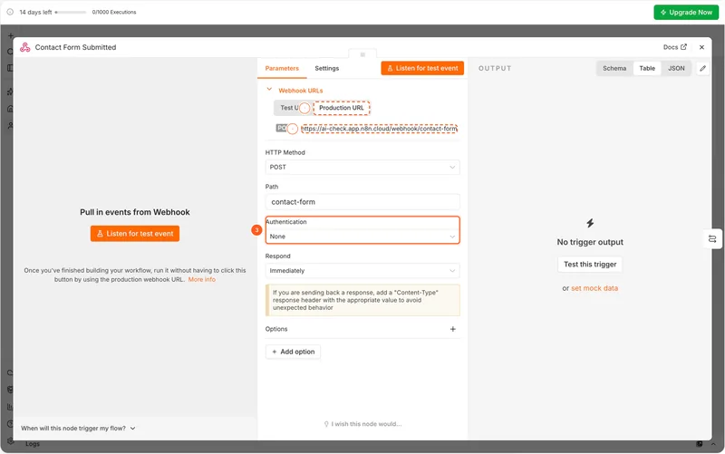 n8n webhook step built by the assistant: Production URL selected, Authentication set to None and marked as the finding