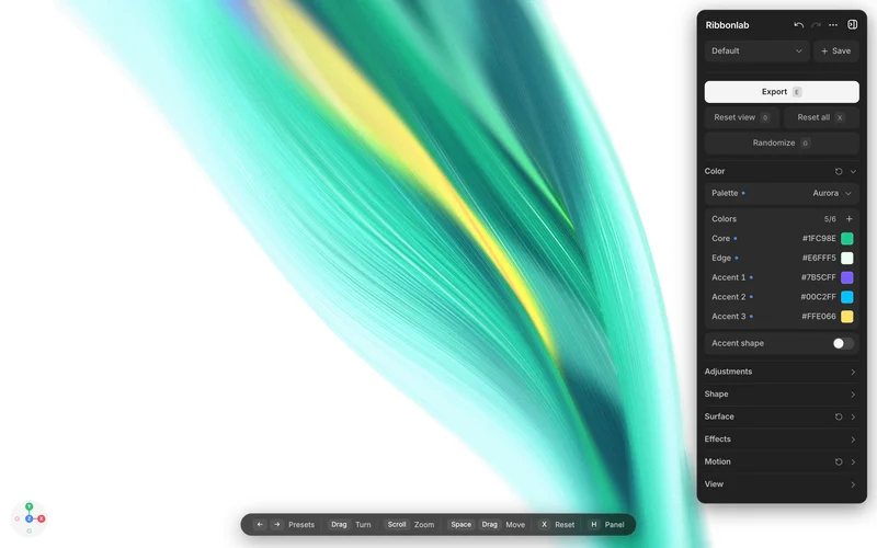 The Ribbonlab editor: a green and yellow fibre ribbon across a white page, the dark tuning panel on the right with the Aurora palette and five colors, the shortcut bar at the bottom