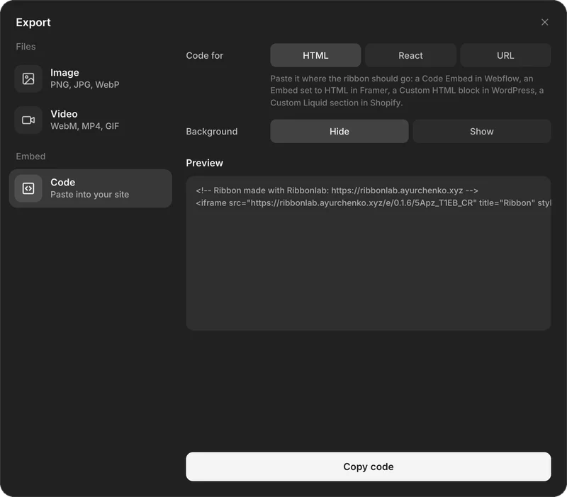 The Ribbonlab export window on the Code tab: HTML, React and URL options, background Hide or Show, a code preview with an iframe snippet and a Copy code button
