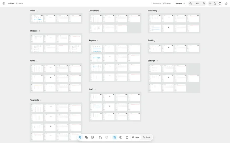 The canvas showing all 97 states of Halden as frames, grouped into sections such as Home, Reports, Payments and Settings