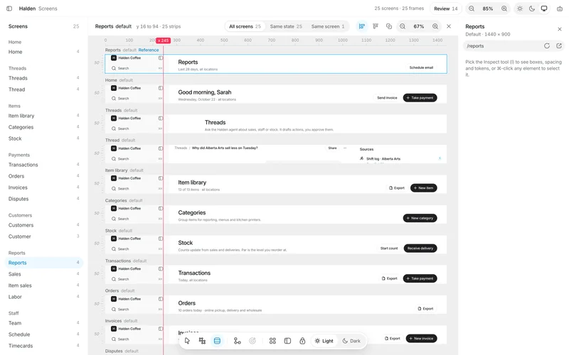 Slice mode showing the page header band of 25 Halden screens stacked, with a red vertical guide; the Threads title sits further right than the others