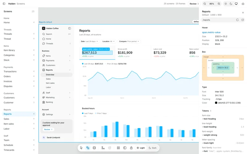 Inspect on the Reports screen: the net sales figure is selected, with its box model, type settings and tokens in the right panel