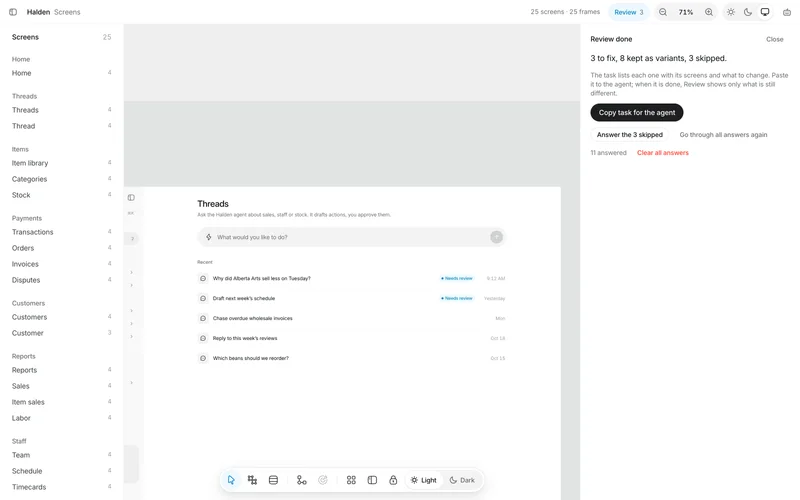 The end of a review: 3 to fix, 8 kept as variants, 3 skipped, with a button to copy the task for the agent