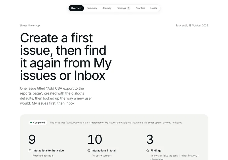 Top of the Linear report: the task as the title, then Completed, 9 interactions to first value, 10 interactions in total and 3 findings