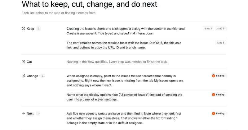 The Keep, Cut, Change and Next summary of the Linear report, each line linked to a step or a finding