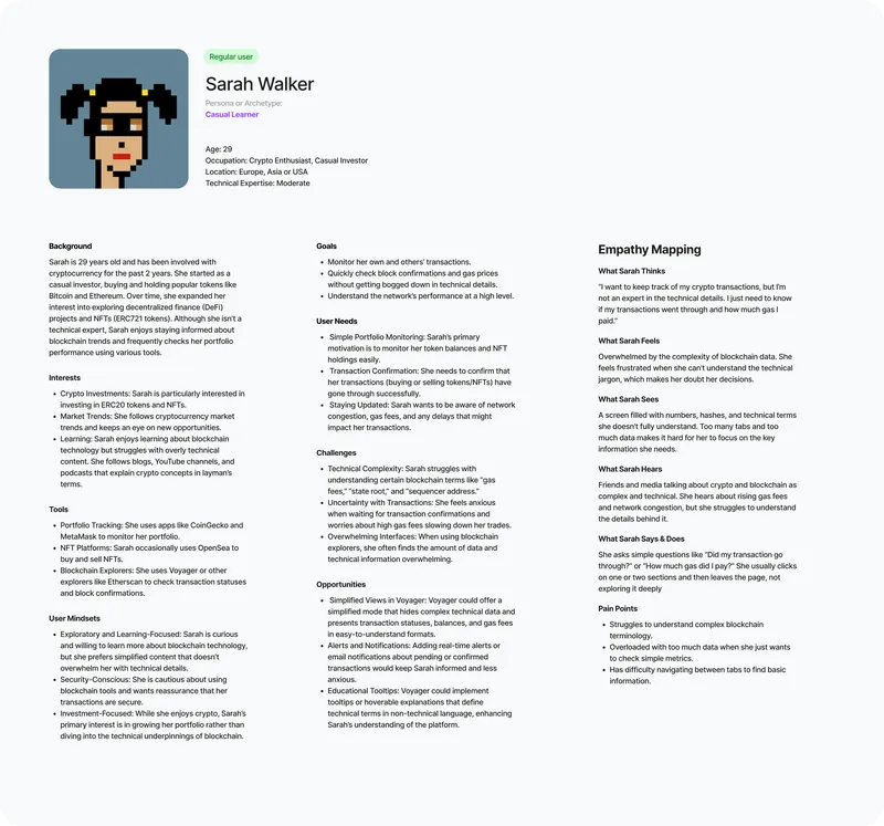 Proto-persona of Sarah, a casual crypto holder, with goals, needs, challenges and an empathy map