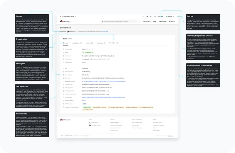 The redesigned Voyager block page, annotated with the reasoning behind each change
