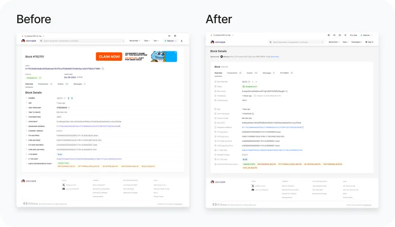 The Voyager block page before and after the redesign, side by side